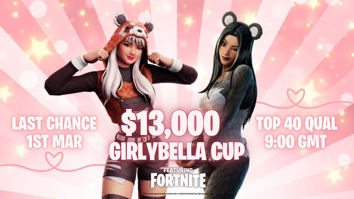 🏆$13,000 GB CUP🏆
✨LAST CHANCE QUALIFIER✨

⏰March 1st
🎯Girl Duos EU - NA
⚔️Top 40 Qual 

📌To be chosen : (Invites only)
- Follow @igirlybella✍️
- Like &amp; Retweet ♻️
- Reply with interest 💜