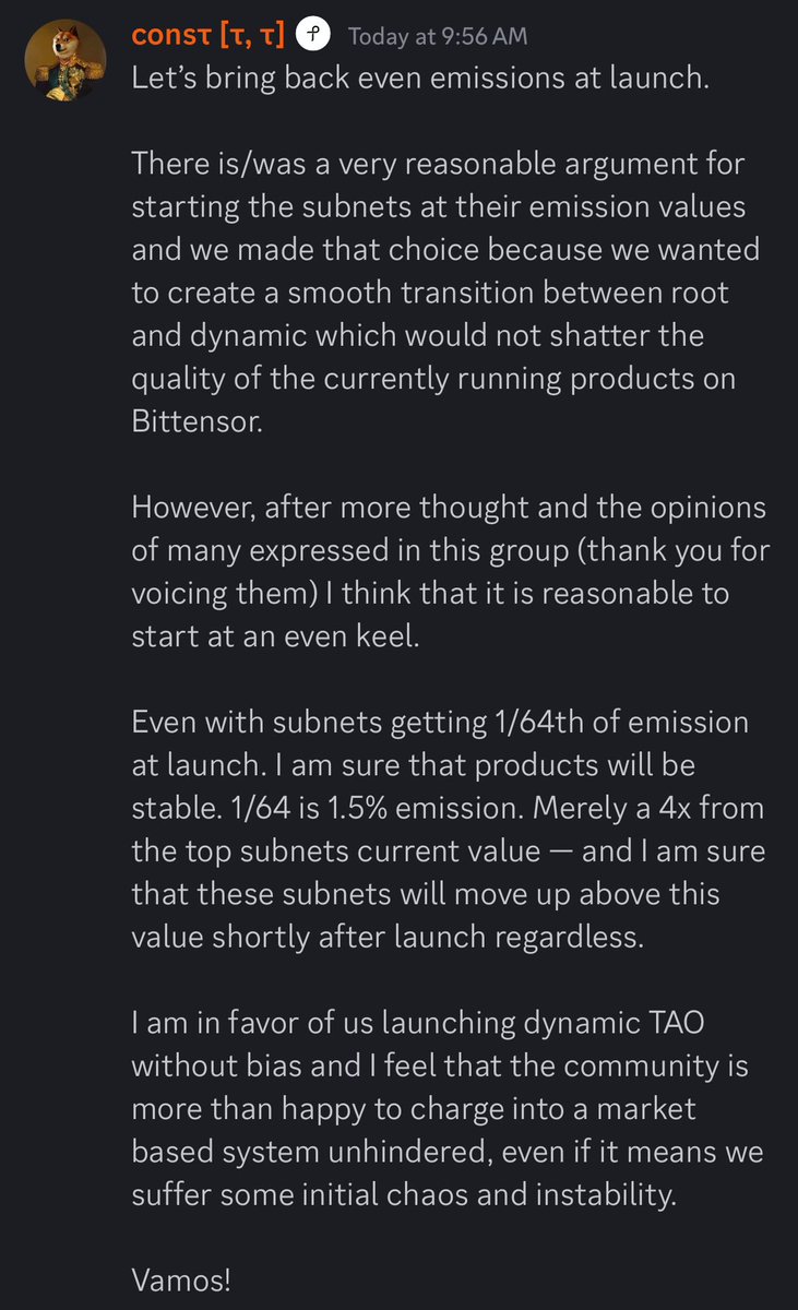 This is one of the reasons why Bittensor is better than anything else…<a href="/const_reborn/">const</a> is as unbiased and fair as a leader can be. His focus and aim is to push $TAO into the future of a crypto free market (dtao) and promoting incentivized, decentralized intelligence for all. While