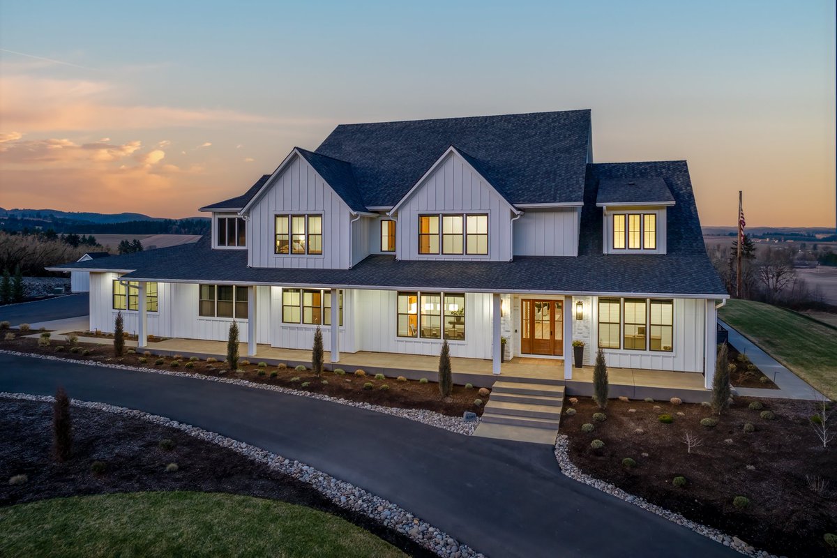 PdxExecRealtor's tweet photo. Come home to the pinnacle of luxury and tranquility in this modern farmhouse masterpiece on just over 50 private acres between Forest Grove and Banks. Custom designed and built in 2022 by Pavilion Construction, the home offers breathtaking 360-degree views of Mt. Hood, Mt. St. Helens lava dome, and the rolling Willamette Valley. (add'l remarks in comments)