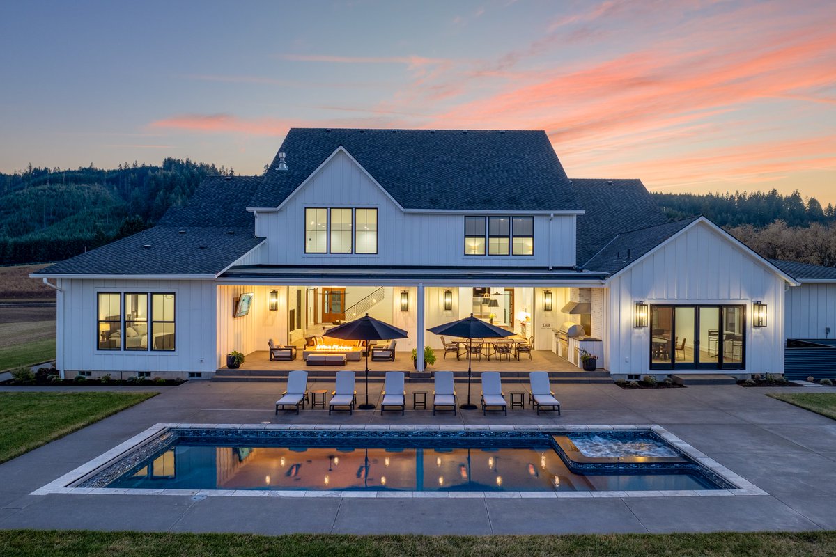 PdxExecRealtor's tweet photo. Come home to the pinnacle of luxury and tranquility in this modern farmhouse masterpiece on just over 50 private acres between Forest Grove and Banks. Custom designed and built in 2022 by Pavilion Construction, the home offers breathtaking 360-degree views of Mt. Hood, Mt. St. Helens lava dome, and the rolling Willamette Valley. (add'l remarks in comments)