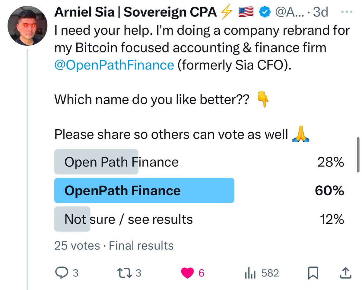 OpenPathFinance's tweet image. This ain’t a democracy, but there’s a clear winner here. 

Great things are coming. 
#Bitcoin @ArnielSia 

x.com/arnielsia/stat…