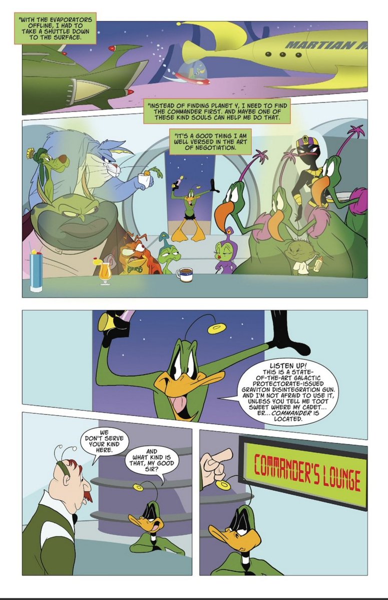 thatdaffyduck's tweet photo. Tyr'ahnee has only appeared once or twice since, including a brief cameo alongside all the other Looney Tunes aliens in a 2017 DC comics story (illustrated by Dave Alvarez). https://t.co/c1QOqRnA8n