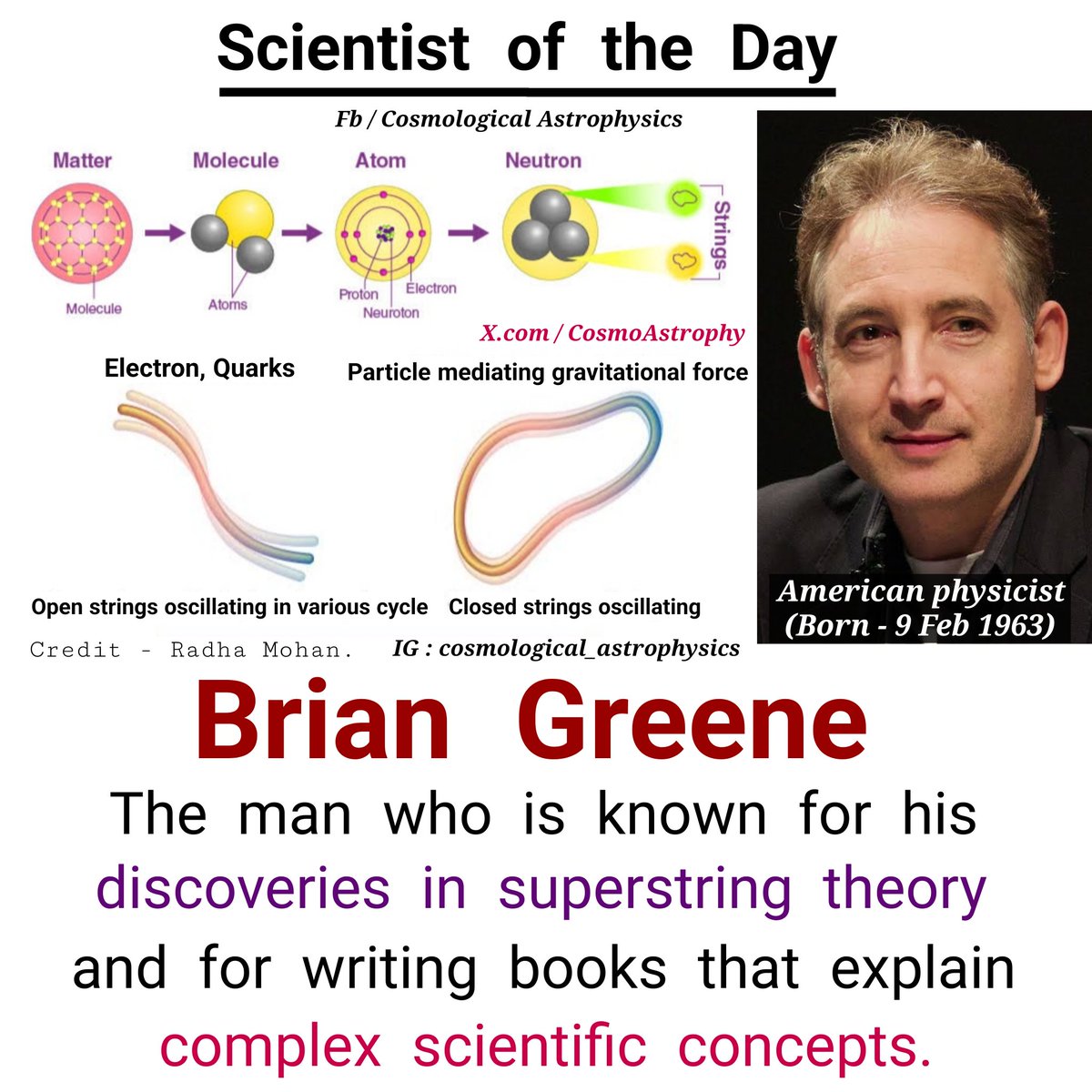 CosmoAstrophy's tweet image. Today is Feb 09. 

Wishing you a very happy birthday #BrianRandolphGreene -

(Scientist of the Day - 09 February)

Today he turns 62. His area of research is #StringTheory, a candidate for a theory of #QuantumGravity. He popularized string theory through his books &amp;amp; TV programs.