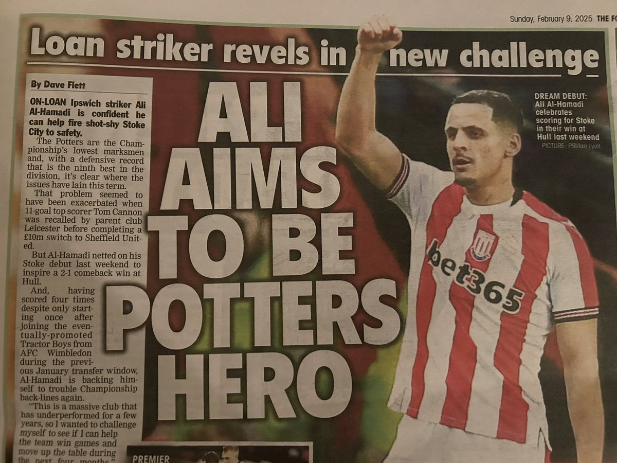 Dave Flett (@daveflettpress) on Twitter photo One for <a href="/stokecity/">Stoke City FC</a> fans. I spoke to on-loan <a href="/IpswichTown/">Ipswich Town</a> striker <a href="/alikalhamadi/">Ali Al-Hamadi</a> about how confident he is that he can fire the shot-shy Potters up the Championship table. Full story in <a href="/TheLeaguePaper/">The Football League Paper</a> - in shops now and always great value for £2.20. #SCFC One for <a href="/stokecity/">Stoke City FC</a> fans. I spoke to on-loan <a href="/IpswichTown/">Ipswich Town</a> striker <a href="/alikalhamadi/">Ali Al-Hamadi</a> about how confident he is that he can fire the shot-shy Potters up the Championship table. Full story in <a href="/TheLeaguePaper/">The Football League Paper</a> - in shops now and always great value for £2.20. #SCFC