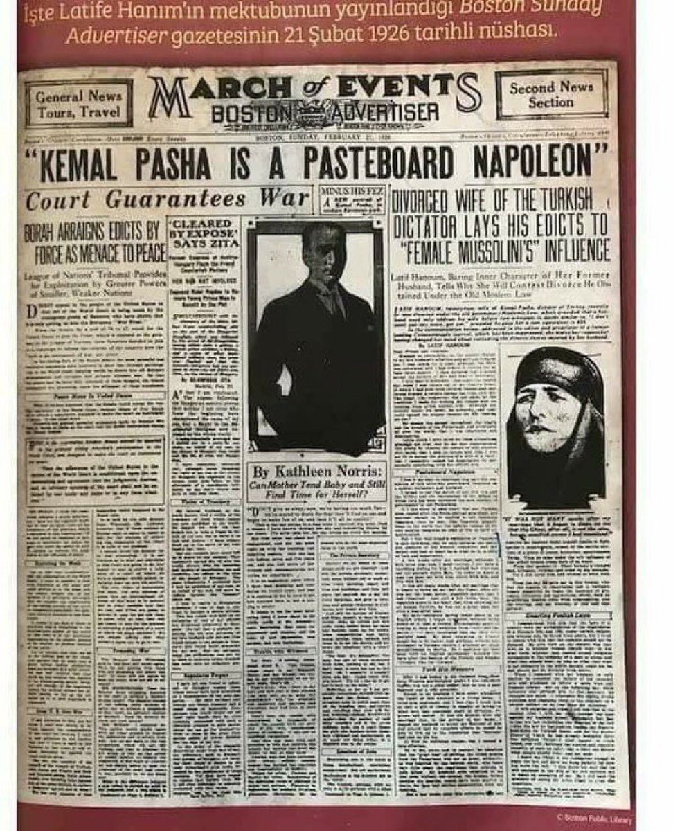 Latife Hanım'ın mektubunun yayın landığı boston sunday Aduertiser gazetesinin 21 Şubat 1926 tarihli nüshası.

Çevirisini yapabilecek olan varsa altına yazabilirmi.