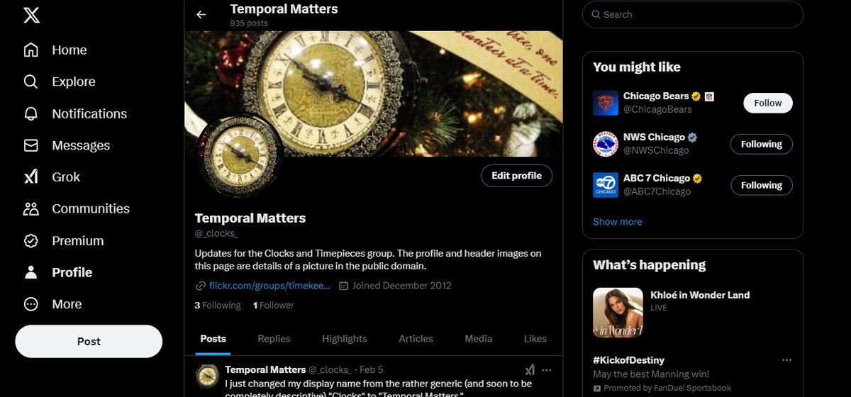 Temporal Matters (@_clocks_) on Twitter photo <a href="/Cork_WeatherBot/">The Cork Weather Bot</a> This is what my profile looks like, as I write this. Sad, isn't it? I took a decent photo and ruined it by sticking it in front of itself.
I post this record of my aesthetic shame, because now that I'm finally back in my account, I can finally fix this. <a href="/Cork_WeatherBot/">The Cork Weather Bot</a> This is what my profile looks like, as I write this. Sad, isn't it? I took a decent photo and ruined it by sticking it in front of itself.
I post this record of my aesthetic shame, because now that I'm finally back in my account, I can finally fix this.