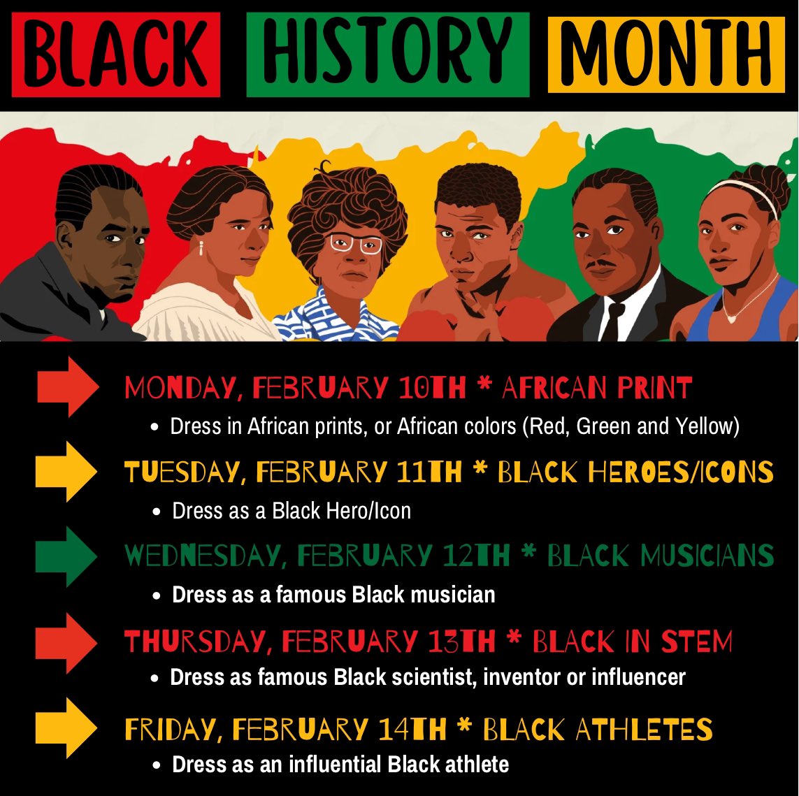 Tomorrow we are on NTI, but we invite all families to participate in our spirit week for Black History Month! Tomorrow all are invited to wear African print or African colors. You can tag this page￼ and use our hashtags: #BlackHistoryMonthmcla365 or #BHMmcla365 ♥️💚💛🖤