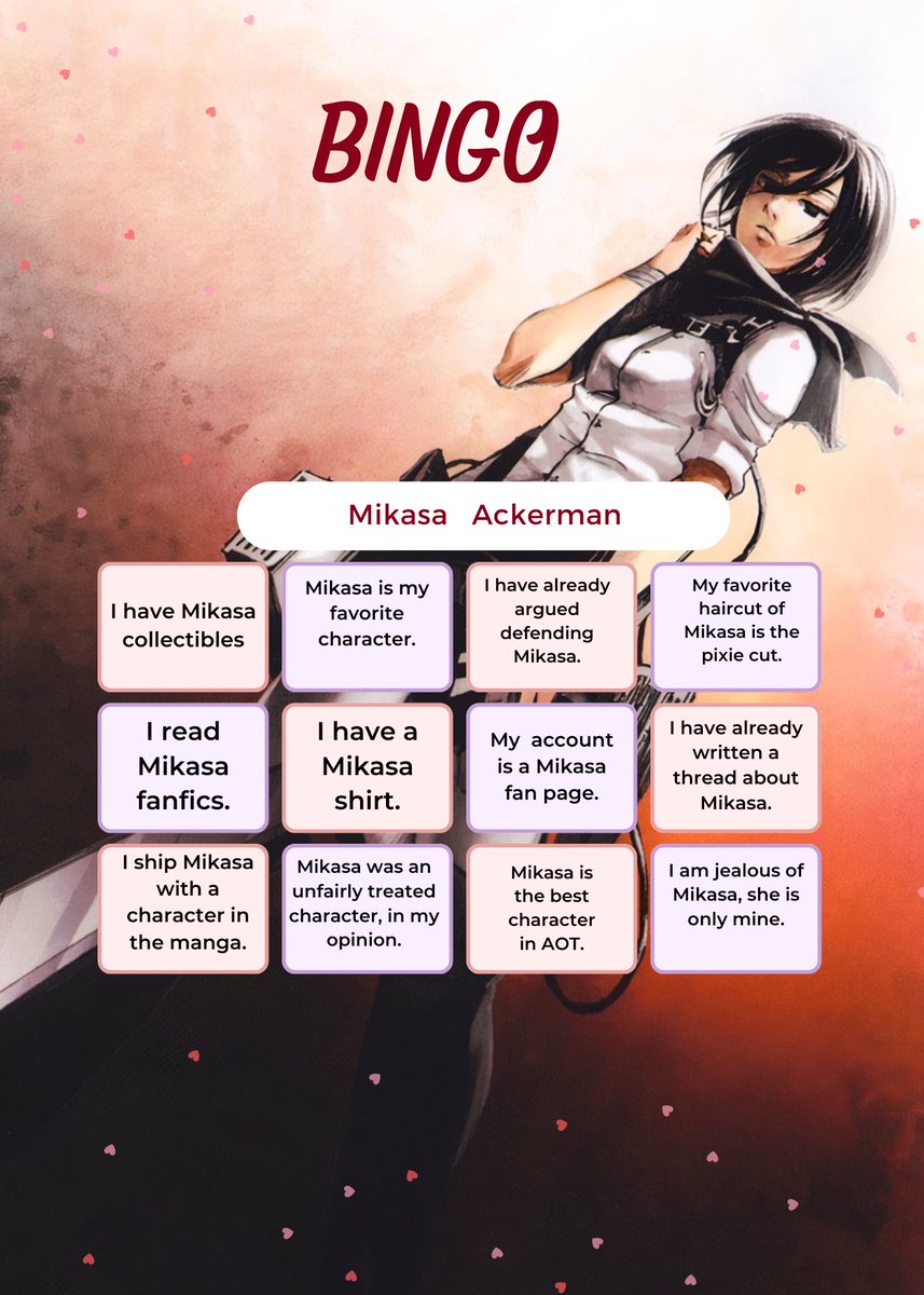 mikasagallery's tweet image. To celebrate Mikasa’s birthday, I brought a bingo. Mark your answers, I can’t wait to read your impressions!