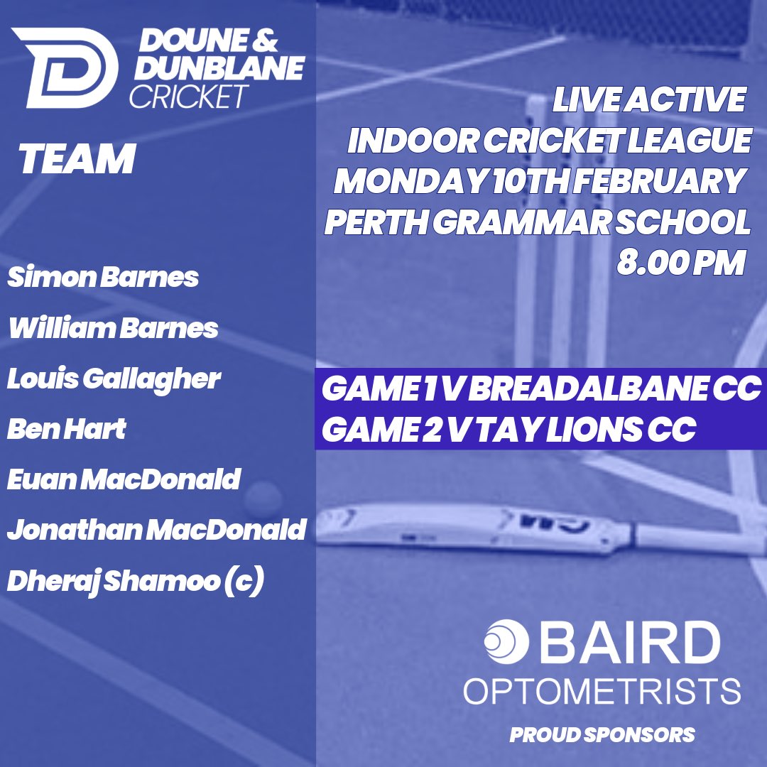 Doune & Dunblane Cricket (@dounedunblanecc) on Twitter photo Excited to kick off our Live Active Indoor Cricket League campaign with a double-header!
🏏❤️🏏❤️
<a href="/Breadalbane1869/">Breadalbane Cricket Club</a>
<a href="/taylionscc/">Tay Lions Cricket Club</a>
Proudly Sponsored by Baird Optometrists.
#2025Season #doune #dunblane #callander #aberfoyle #cricket #community #kpknows Excited to kick off our Live Active Indoor Cricket League campaign with a double-header!
🏏❤️🏏❤️
<a href="/Breadalbane1869/">Breadalbane Cricket Club</a>
<a href="/taylionscc/">Tay Lions Cricket Club</a>
Proudly Sponsored by Baird Optometrists.
#2025Season #doune #dunblane #callander #aberfoyle #cricket #community #kpknows