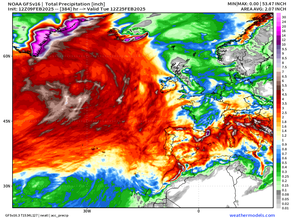 RyanMaue's tweet image. 50-inches of precipitation to fall as snow on the eastern coast of Greenland.  That would translate to about 750-inches of snowfall or over 62 feet in 2-weeks.