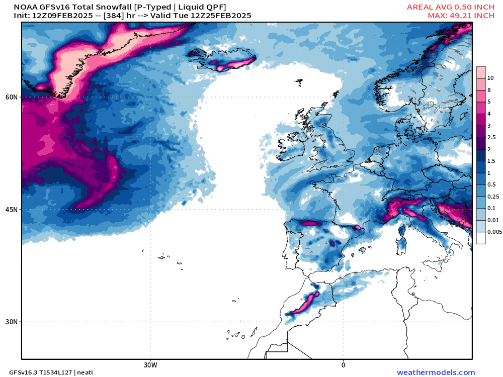 RyanMaue's tweet image. 50-inches of precipitation to fall as snow on the eastern coast of Greenland.  That would translate to about 750-inches of snowfall or over 62 feet in 2-weeks.