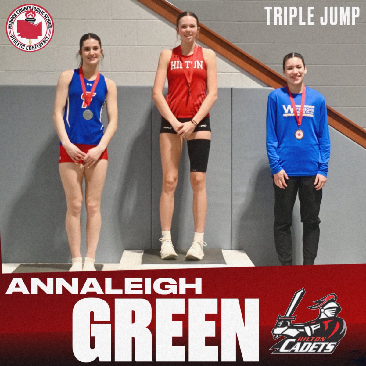 Congratulations to Hilton sophomore Annaleigh Green! She is the Monroe County Indoor Track &amp; Field triple jump champion, winning Saturday at Nazareth University. Full results: results.yentiming.com/2025/indoor/02…

<a href="/HiltonCadets/">Hilton Athletics</a>