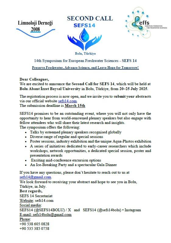 EFFS EFYR (@effs_efyr) on Twitter photo ‼️Dear fresh people, the 2nd call for the next #SEFS14 is now out 💦
Have a look at the program, register and submit your abstract! We're looking to meet you in Türkiye in july 😃 👉🏻sefs14.com
<a href="/freshwaterbio/">Freshwater Biological Association (FBA)</a> <a href="/EUPHORIA_FreshP/">EUPHORIA</a> <a href="/PhytoPlastic/">PhytoPlastic</a> <a href="/europonds/">EUROPONDS</a>
<a href="/AIL_limnologia/">AIL Limnología</a> ‼️Dear fresh people, the 2nd call for the next #SEFS14 is now out 💦
Have a look at the program, register and submit your abstract! We're looking to meet you in Türkiye in july 😃 👉🏻sefs14.com
<a href="/freshwaterbio/">Freshwater Biological Association (FBA)</a> <a href="/EUPHORIA_FreshP/">EUPHORIA</a> <a href="/PhytoPlastic/">PhytoPlastic</a> <a href="/europonds/">EUROPONDS</a>
<a href="/AIL_limnologia/">AIL Limnología</a>