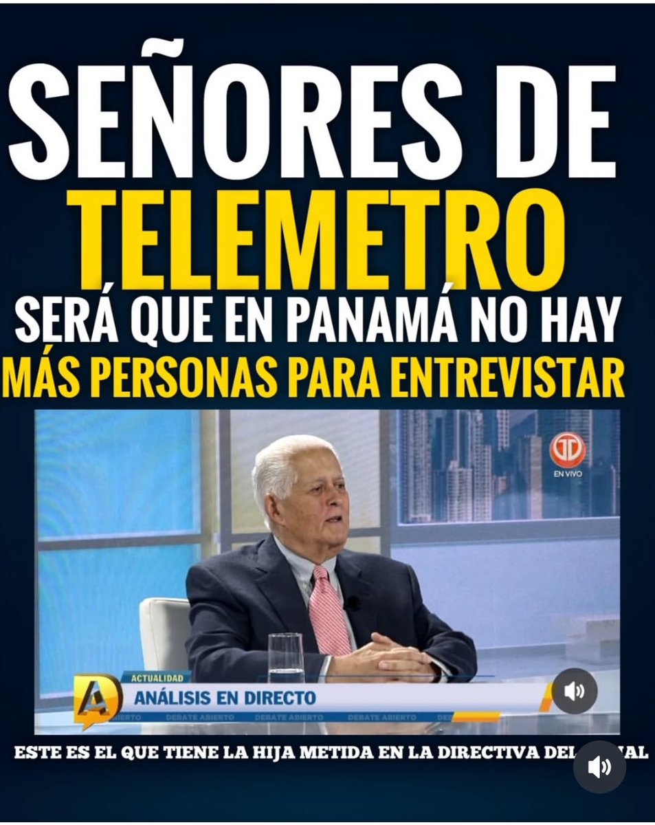 ⁦<a href="/TReporta/">Telemetro Reporta</a>⁩ , señores telemetro si ustedes supieran el rechazo que este señor causa al pueblo no lo llevaran a dar entrevistas. El que va hablar tiene negocios con china, trajo los chinos a Panamá y su hija es de la junta directiva??????