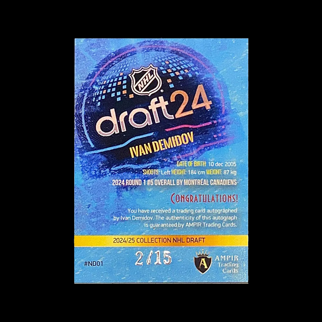 ampir_cards's tweet photo. 2024/25 AMPIR NHL Draft #ND01 Ivan Demidov (Montreal Canadiens) autograph 2/15 - https://t.co/3dzdEyYnXx #ampirtradingcards #sportscards #hockeycards #autograph #nhldraft #demidov #ivandemidov #montrealcanadiens https://t.co/0zFyD62WDm