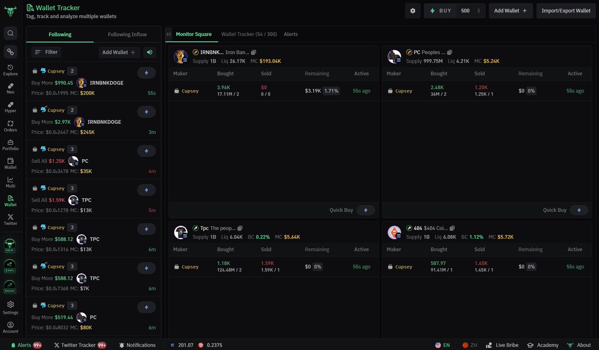Mannnn <a href="/bullx_io/">BullX</a>  keeps making life in the trenches EASIER &amp;&amp; EASIER.

New Wallet Tracker update is live.
See what wallets you track, what they are buying, and visualizes each of the various coins.

From the Marketcap, to what they hold / sold / and more. 

This is a CHEAT CODE