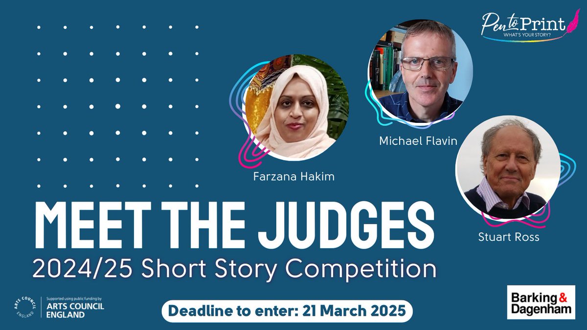 Pen to Print (@pen_to_print) on Twitter photo Meet the Judges for the 2024/25 Short Story Competition
Deadline to enter: 21 Marach 2025
pentoprint.org/get-involved/cā¦
The judges are Farzana Hakim <a href="/farzanahakim/">Farzana Hakim</a>, Michael Flavin and Stuart Ross.
6 Weeks left to enter - don't wait until the last minute! Meet the Judges for the 2024/25 Short Story Competition
Deadline to enter: 21 Marach 2025
pentoprint.org/get-involved/cā¦
The judges are Farzana Hakim <a href="/farzanahakim/">Farzana Hakim</a>, Michael Flavin and Stuart Ross.
6 Weeks left to enter - don't wait until the last minute!