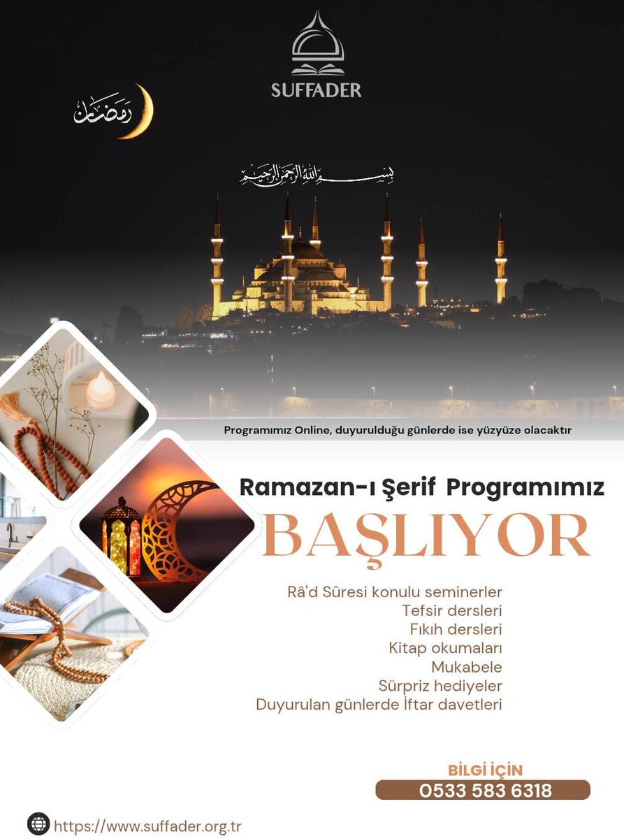 🌙Ramazan-ı Şerif'e günler kala yerinizi ayırdınız mı? 
Sizleri de derneğimizin seminer ve programlarına bekliyoruz.
Birbirinden kıymetli derslerimize, programlarımıza ve Ramazan-ı şerifte okunacak olan mukabelemize katılım  sağlamak isterseniz başvuru formunu doldurabilirsiniz
