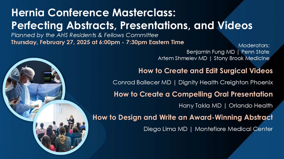 Need some tips on perfecting abstracts, presentations and videos? Join us for upcoming AHS Webinar Thurs 2/27 at 6pm ET
REGISTER: tinyurl.com/42kume8b