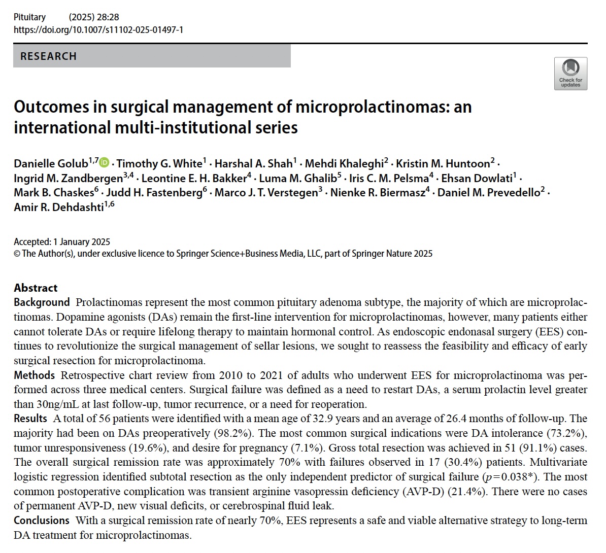 Danielle Golub, MD, MSCI (@dgolubmd) on Twitter photo Excited to share our #microprolactinoma surgical series just #published in #Pituitary <a href="/PituitarySoc/">Pituitary Society</a> with a 70% surgical remission rate! <a href="/NASBSorg/">NASBS</a> <a href="/NSTumorSection/">NS Tumor Section</a>
Strong collab <a href="/NorthwellNsurg/">Northwell Neurosurgery</a> <a href="/amirdehdashti/">Dr Amir R. Dehdashti</a> <a href="/NeurosurgeryOSU/">Ohio State Neurosurgery Residency</a> <a href="/PrevedelloDanny/">Danny Prevedello</a> <a href="/LUMC_Leiden/">LUMC Leiden</a> <a href="/biermasz/">Nienke Biermasz</a> 🧠 Excited to share our #microprolactinoma surgical series just #published in #Pituitary <a href="/PituitarySoc/">Pituitary Society</a> with a 70% surgical remission rate! <a href="/NASBSorg/">NASBS</a> <a href="/NSTumorSection/">NS Tumor Section</a>
Strong collab <a href="/NorthwellNsurg/">Northwell Neurosurgery</a> <a href="/amirdehdashti/">Dr Amir R. Dehdashti</a> <a href="/NeurosurgeryOSU/">Ohio State Neurosurgery Residency</a> <a href="/PrevedelloDanny/">Danny Prevedello</a> <a href="/LUMC_Leiden/">LUMC Leiden</a> <a href="/biermasz/">Nienke Biermasz</a> 🧠