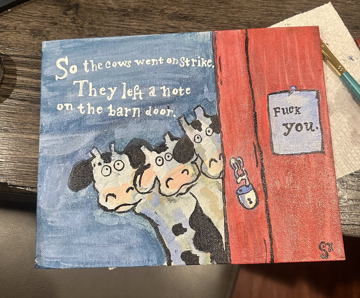 one of my favorite books from childhood was about cows with a typewriter going on strike bc they were cold at night and the farmer didn’t want to give them blankets &amp; it felt very ~of the current times~ so I painted an adjusted version of one of the scenes last night