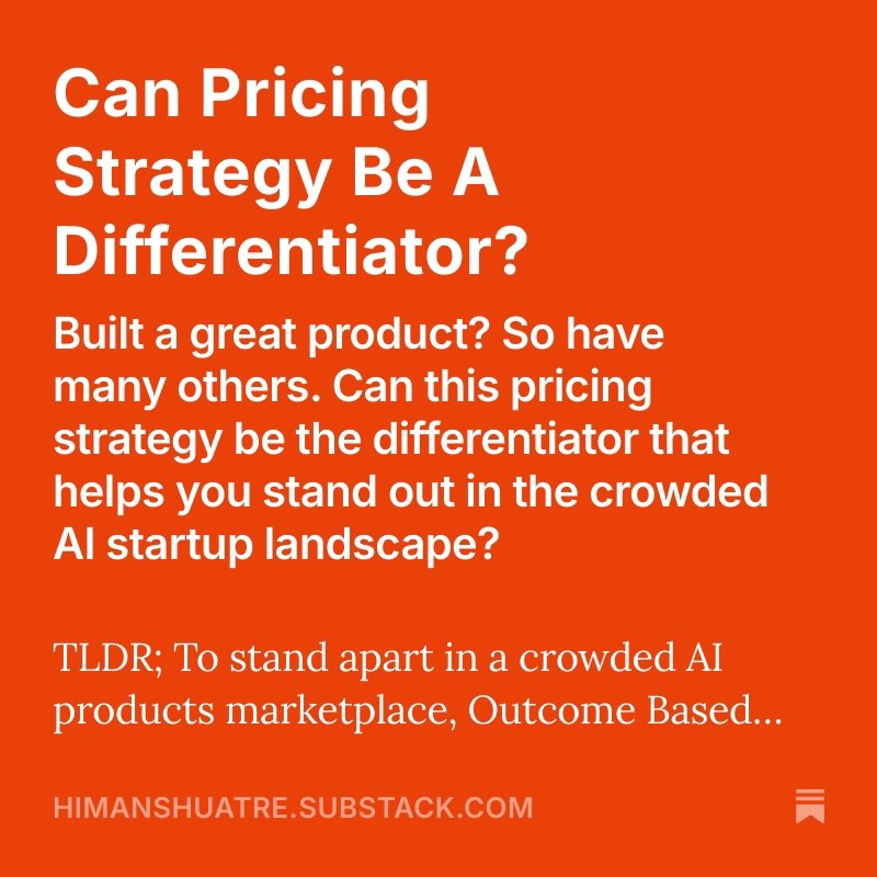 To stand apart in a crowded AI products marketplace, Outcome Based Pricing can be a powerful strategy. It can be very effective in some specific scenarios and has its own challenges. 
In this article, I cover the steps to adopt Outcome Based Pricing
open.substack.com/pub/himanshuat…