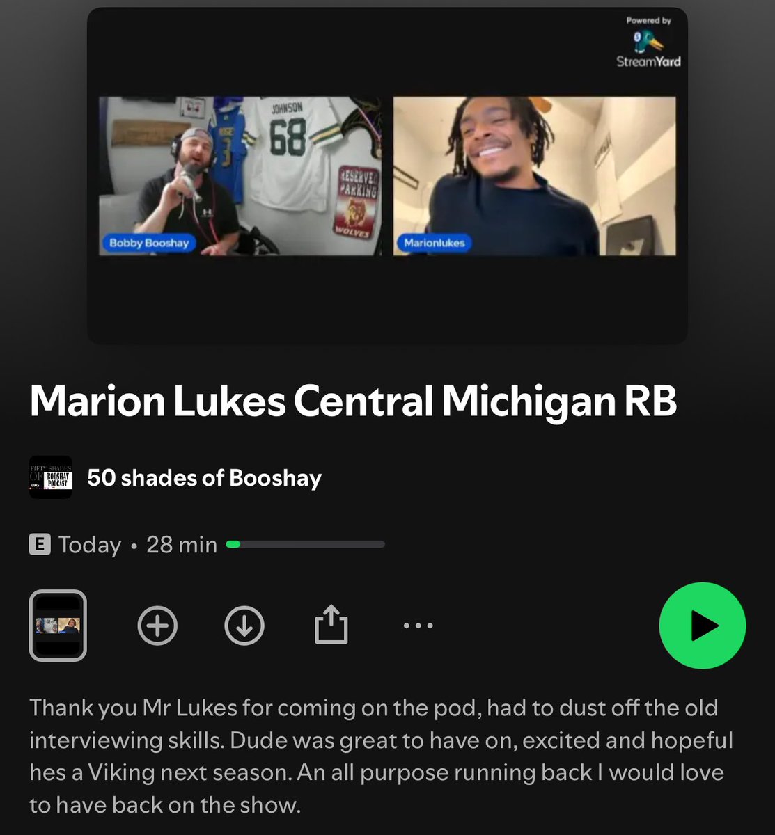 50shades of Booshay Podcast (@50shadesbooshay) on Twitter photo Thank you very much to <a href="/lukes_era9/">Marion lukes</a> for coming on the podcast
A stud at Central Michigan, All Purpose RB
Would love to see this man in Purple and Gold next season
You can watch this interview on Spotify or listen where ever you find podcasts
open.spotify.com/episode/2ZuU0W… Thank you very much to <a href="/lukes_era9/">Marion lukes</a> for coming on the podcast
A stud at Central Michigan, All Purpose RB
Would love to see this man in Purple and Gold next season
You can watch this interview on Spotify or listen where ever you find podcasts
open.spotify.com/episode/2ZuU0W…