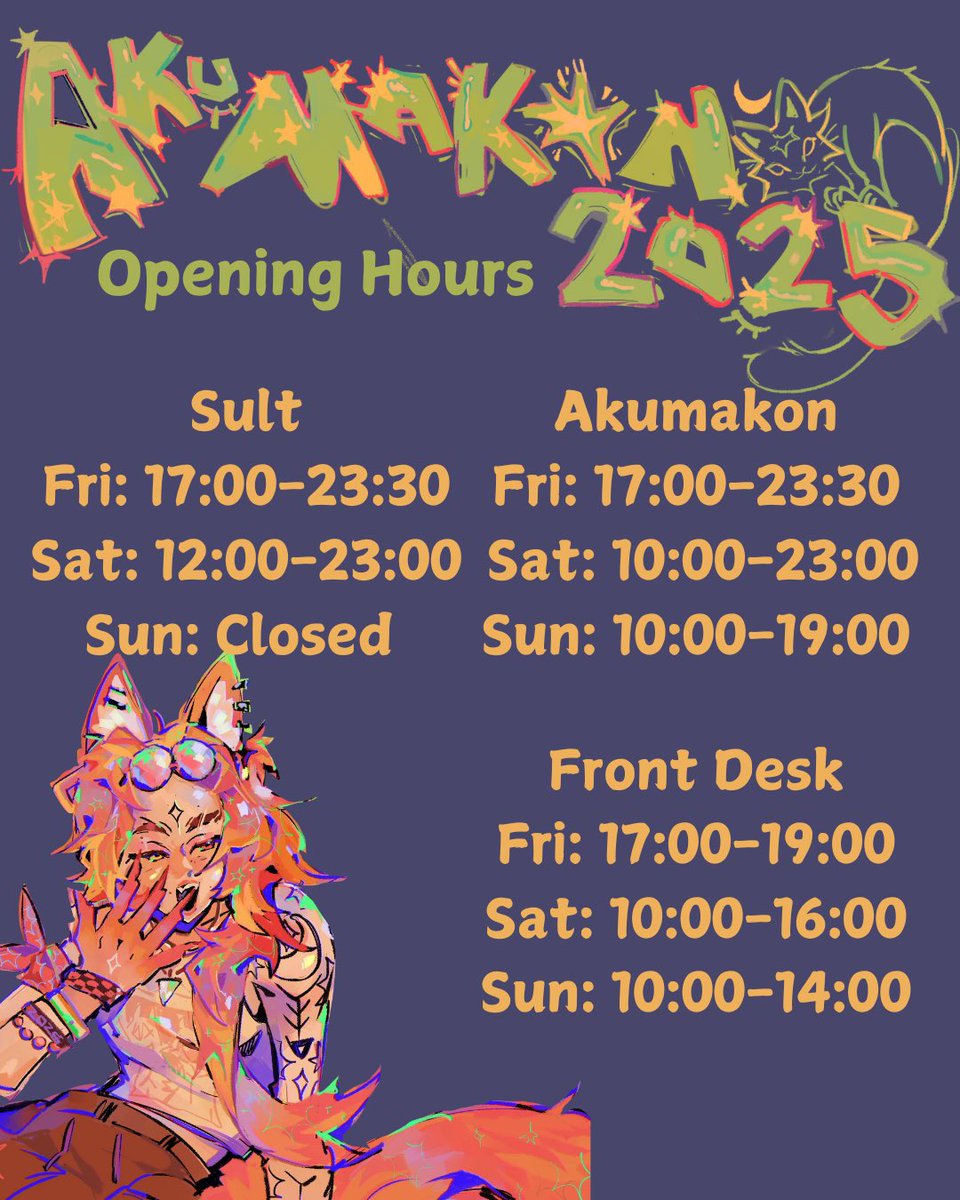 Akumakon's tweet image. Hello everyone!

We hope everyone is excited for Akumakon! I know we are all so excited to see everyone! You can find the opening times for Sult Bar, Akumakon itself and the front desk (where you can buy tickets)! 

See you all soon!