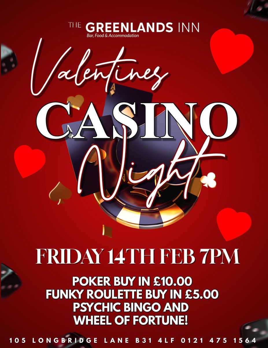 pokerknave's tweet photo. Get Your Tickets Now! 14th February, 2025.

St Valentines Casino Night. Greenland Inn, 105 Longbridge Lane, B31 4LF. #Brumhour #stvalentines #poker #casino #funky #bingo #psychic https://t.co/rZaCOxBDdo