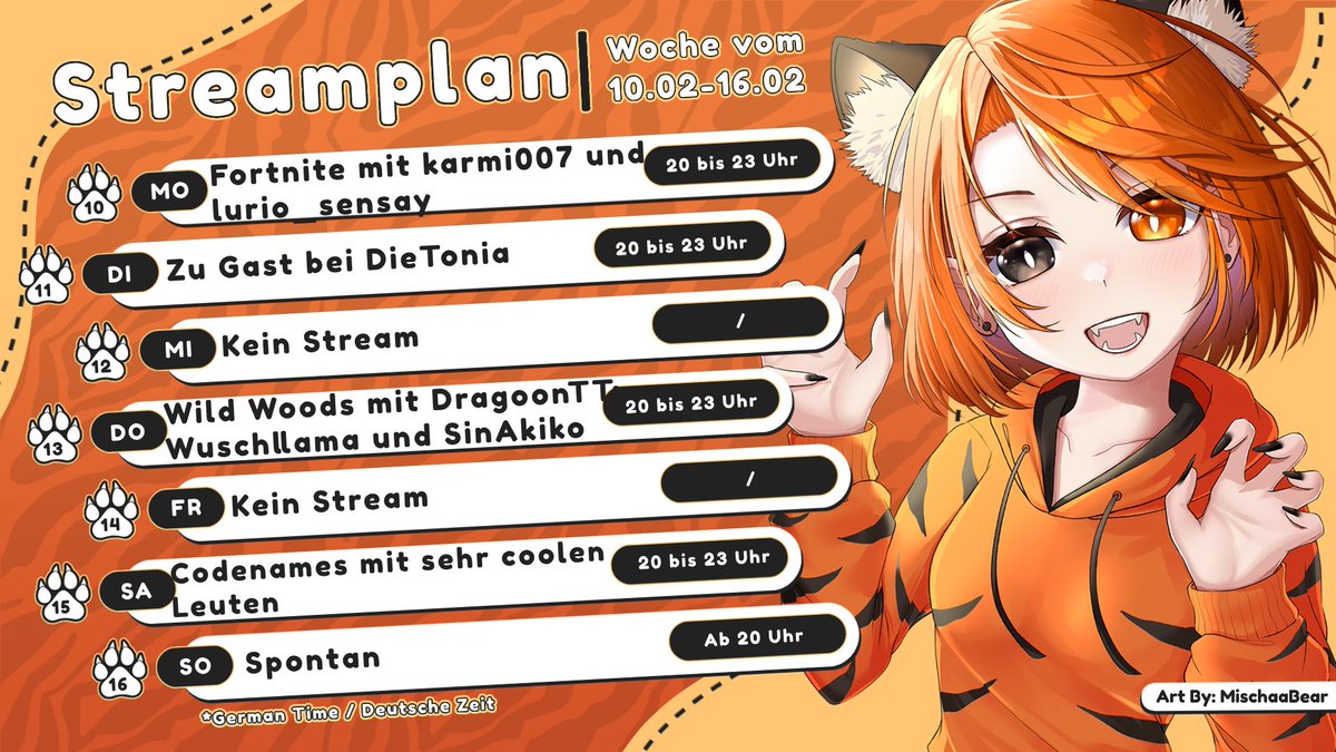 Das ist mein Streamplan für die Woche und was soll ich sagen es ist einfach fast eine reine Collab Woche 🤣🐯 Ich mach mal eine genauere Auflistung unten in einem Kommentar mit wem ich diese Woche alles zocke checkt alle mal aus das sind sehr nice Leute😊🐯