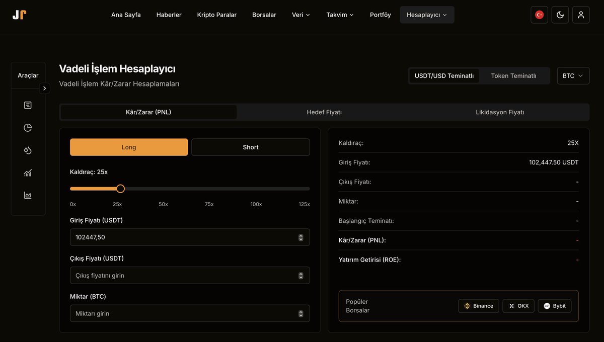 İşte burası hayatınızı kurtaracak yer olabilir “HESAPLAYICI” kısmı!

Hatalı Kaldıraçlı işlemlerden kurtulabileceğiniz bölümdür. Pozisyona girmeden önce buradan hesaplayıp gireceksiniz!

Bu sayfa üzerinden yapacağınız tüm kısa vadeli işlemleri hesaplayabiliyorsunuz. 

USDT ve