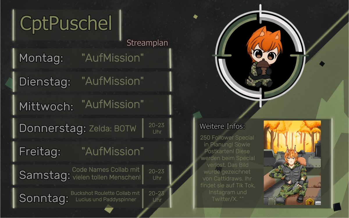 Moin, Kameraden! Der Streamplan für nächste Woche auf der lila Plattform steht! 2 tolle Collabs warten auf Euch und es geht weiter mit BOTW! Ich freu mich auf Euch! Collab Partner sind markiert! ^^
