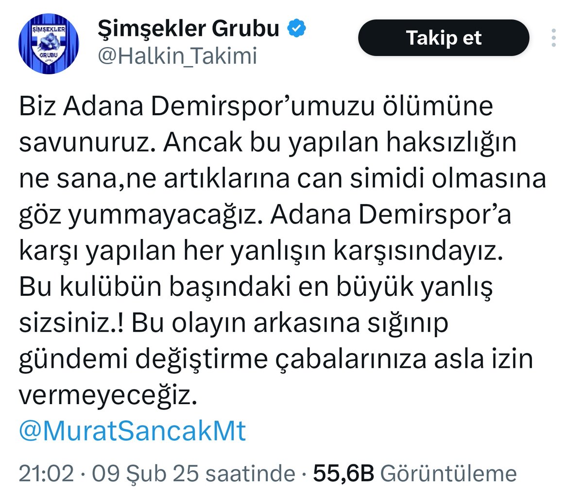 Adana Demirspor taraftar grubu Şimşekler, Fenerbahçeli Murat Sancak'ın kirli oyununun farkında.