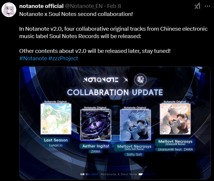 full_combo_max's tweet photo. Notanote x Soul Notes second collaboration!
Four original songs by the Soul Notes artists will be released in v2.0! More info on the version is still to come...
#Notanote https://t.co/byTLj0QxMH