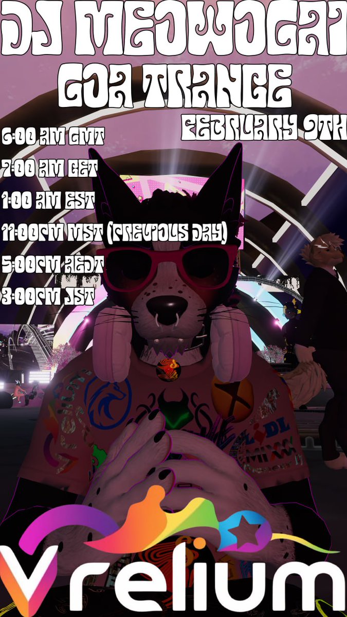 I am closing VRelium's Cupids Lover Fest! @vrelium
Spinning Goa Trance in your local timezone:

9th of February

6:00 AM GMT
7:00 AM CET
1:00 AM EST
11:00PM MST (PREVIOUS DAY)
5:00PM AEDT
3:00PM JST

#EVENT #VRCHAT #GOA_TRANCE