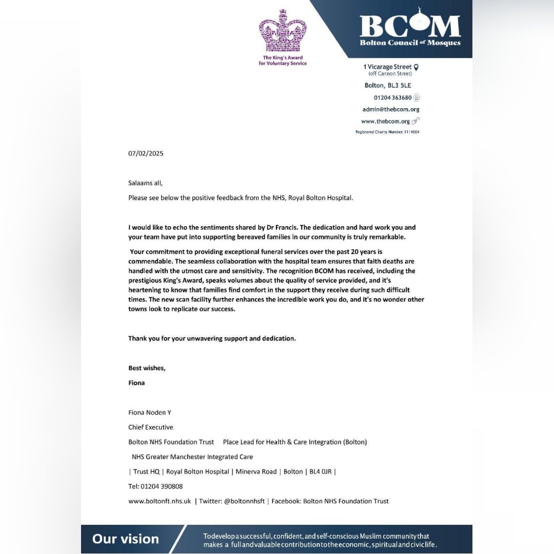Salaams all, 
Please see feedback from the Royal Bolton Hospital. Please continue to remember us in your pious duas. Jazak Allah Khair
#supportingfamilies #funerals