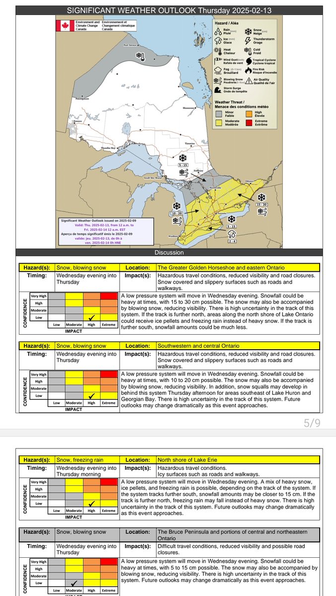 WxOntario1's tweet photo. Significant Weather Outlook from @ECCCWeatherON for Thursday 👇

5-15cm of snow north shore of Lake #Erie

10-20cm parts of SW/ Central #Ontario

15-30cm #GTA towards Eastern Ont

#OnWX #Onstorm https://t.co/RmeTZMMXDX