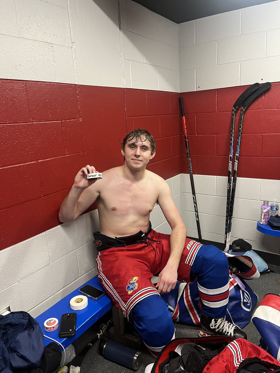 JayhawkHockey's tweet photo. Congrats to our Senior Captain #11 Caleb Dusseau for getting his 100th career point last night! 

#RockChalk #CD11 #KU https://t.co/5xC51eLOuj