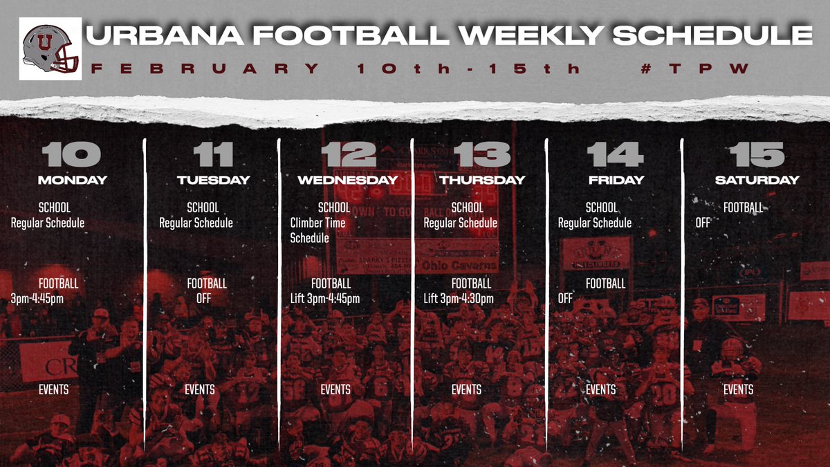 RecruitUrbanaFB's tweet image. Schedule for the week. Time to go back to work! #TPW #YardWork #PlateParadise