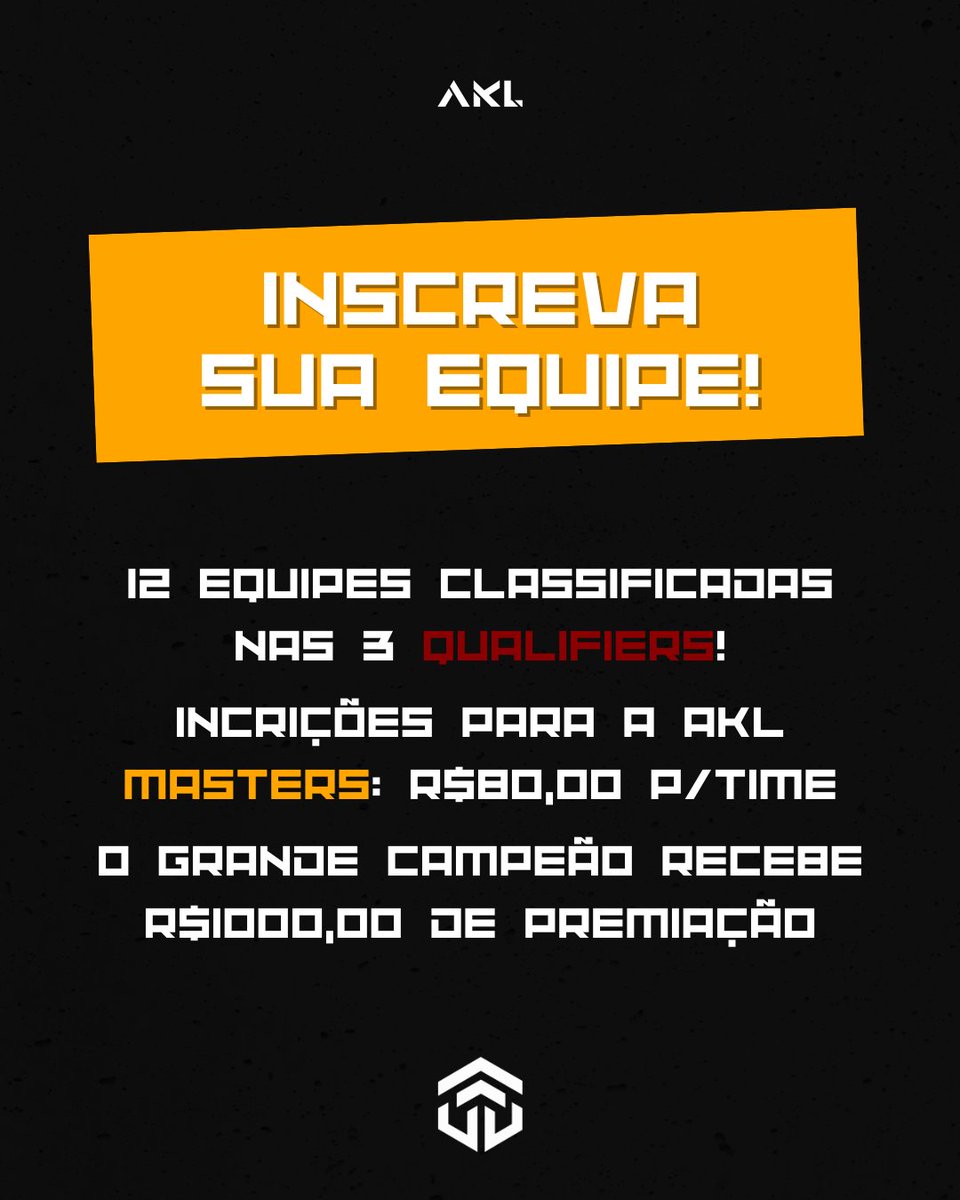 🏆 AKL MASTERS – A Liga de Elite da AKL está chegando!
Os 12 melhores times das 3 qualifiers vão competir pela glória.
🔓 Inscrições Abertas para os classificados!

Preparem-se para batalhas épicas! 💥🔥