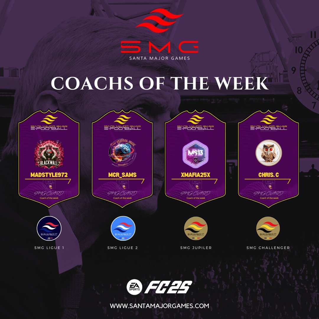 Santa Major Games (@thedream_smg) on Twitter photo 🏆 SMG THE DIVISON - 11vs11
❄️ Winter Season, Week IV
⚽ SMG Ligue 1
⚽ SMG Ligue 2
⚽ SMG Jupiler
⚽ SMG Challenger
👔 Coachs of The Week
santamajorgames.com
By <a href="/TheDream_SMG/">Santa Major Games</a> 🏆 SMG THE DIVISON - 11vs11
❄️ Winter Season, Week IV
⚽ SMG Ligue 1
⚽ SMG Ligue 2
⚽ SMG Jupiler
⚽ SMG Challenger
👔 Coachs of The Week
santamajorgames.com
By <a href="/TheDream_SMG/">Santa Major Games</a>