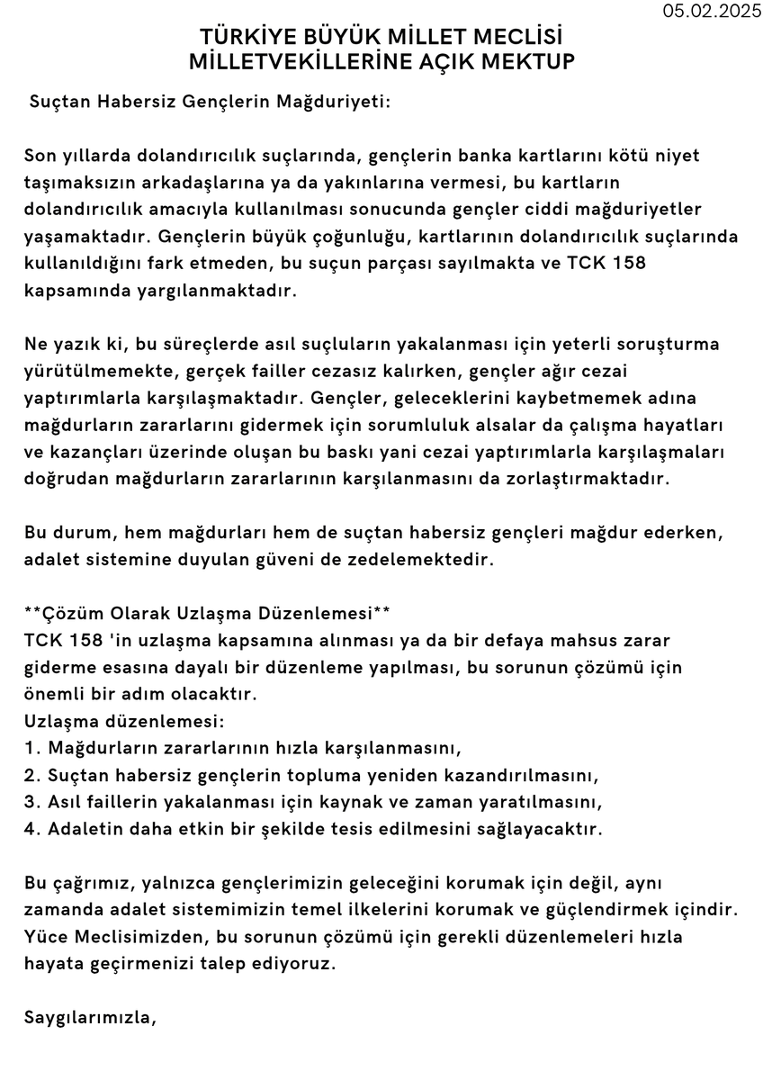 <a href="/YS_Turkoglu/">Selçuk Türkoğlu</a> #TCK158: Yetersiz soruşturmalar yüzünden asıl suçluları yakalanmıyor, suçsuz gençler ağır cezalara maruz kalıyor. #Uzlasma kapsamı genişletilirse, mağdur zararları hızla giderilir ve kaynak yaratılarak asıl suçlular yakalanabilir. 
Sn <a href="/YS_Turkoglu/">Selçuk Türkoğlu</a>  , desteğinizi bekliyoruz.