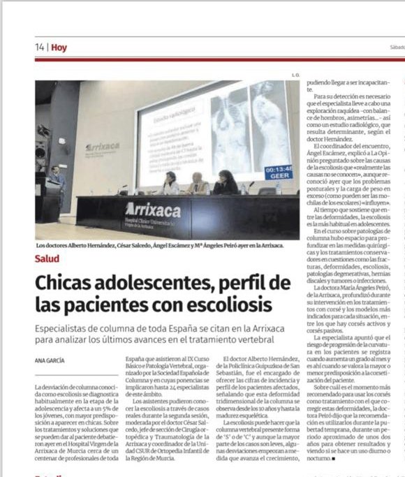 El 7 de Febrero tuvo lugar en la Arrixaca el IX Curso Básico de Patología Vertebral, organizado por la GEER, en el que la Dra Peiró expuso el seguimiento y tratamiento conservador de la cifoescoliosis, incluidos los corsés.
La prensa se hace eco del evento.
Enhorabuena!