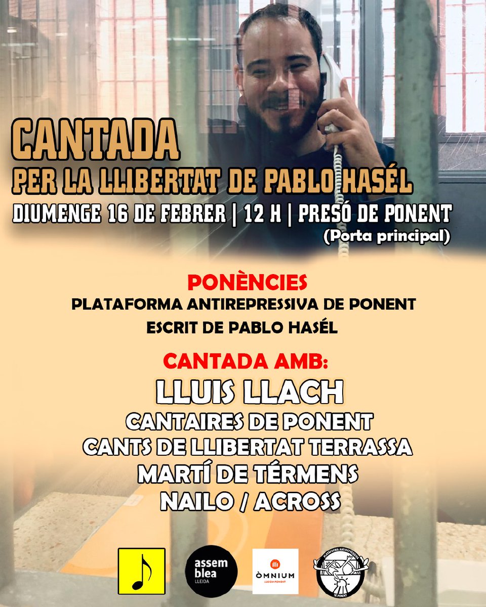 🎵 CANTADA PER LA LLIBERTAT 🎵

❌ 4 anys després, Pablo Hasél continua segrestat a la presó per dir veritats com a punys i centenars de represaliats per protestar. 

🎤 Hi haurà lectura de manifest i cantades de diferents artistes per la llibertat d'expressió. Vine i participa❗