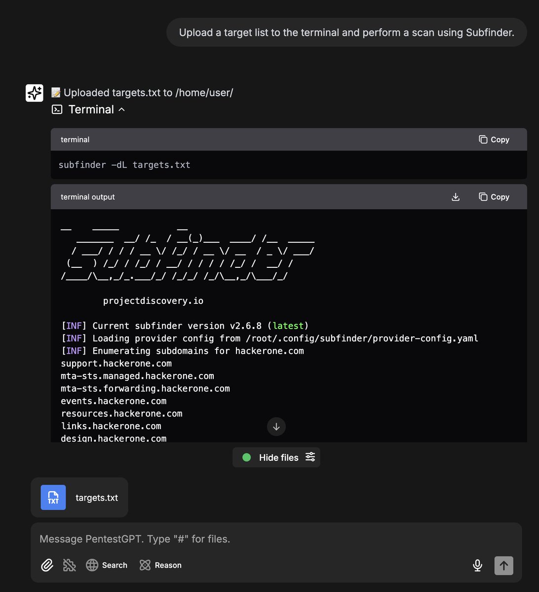 You can now upload files to PentestGPT's Terminal!