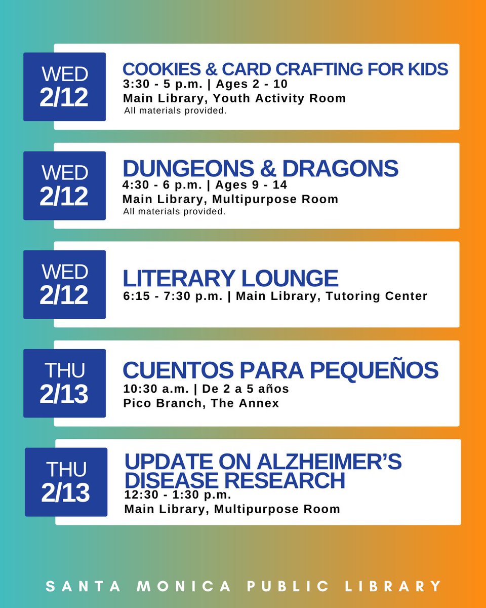 SMPublicLibrary's tweet photo. This Week at the Library, test your literary knowledge at trivia night! ๐
Plan your February visits at https://t.co/G0tjmirt9u
#SMPL #SMPublicLibrary #SantaMonicaPublicLibrary #ThisWeekAtTheLibrary #LibraryEvents #LibraryLoversMonth https://t.co/k8uOzyiRXe