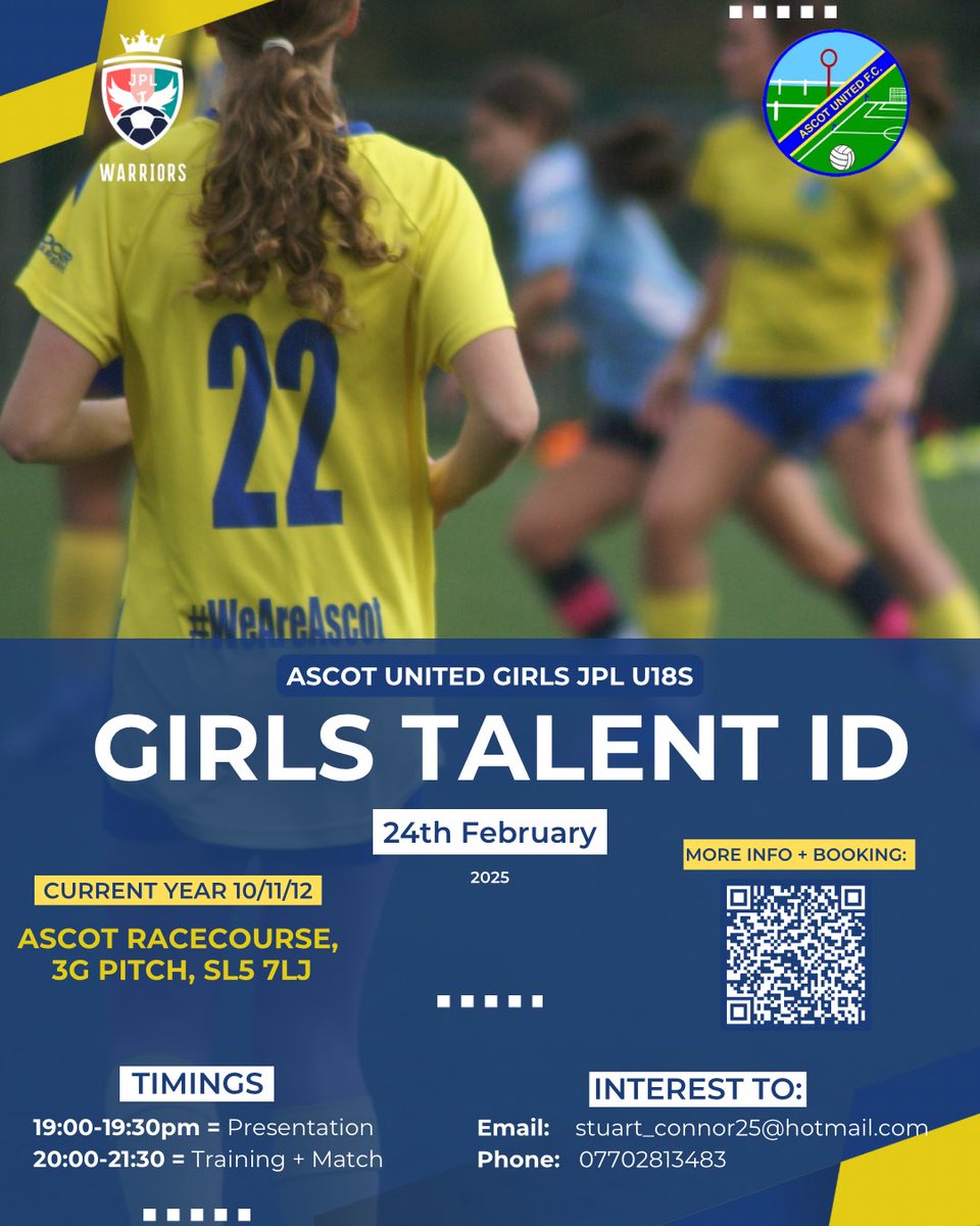StuartConnor147's tweet photo. Talent ID day for 25/26 season for @AscotUnitedFC successful U18s Girls JPL side. Scan qr code to register interest

@fiberkshire @SCWGL @WoSoRecruitment @BerksandBucksFA @FiB_Women @BerksSchoolsFA @BCGFLOfficial https://t.co/tHG0dzyh1G