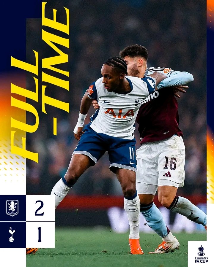 Esmocliz6's tweet image. Full-time: Aston Villa 2-1 Tottenham. Spurs' FA Cup run ends in disappointment. Another year, another missed chance. #FACupFourthRound