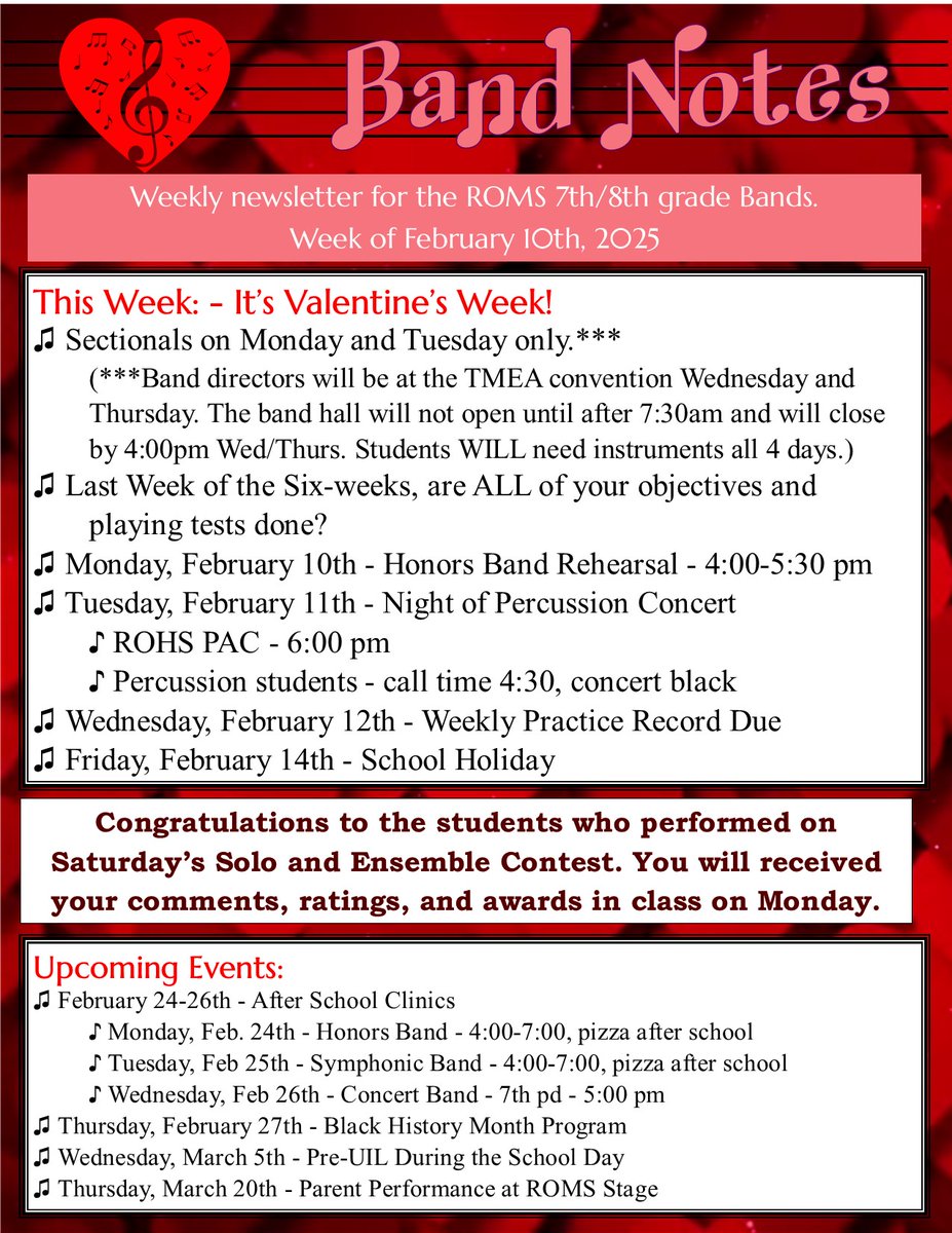 RedOakMSBand's tweet photo. See below for this week's newsletter. Hope to see everyone Tuesday night at 6:00 pm for our Night of Percussion! https://t.co/J2SupA8ICB