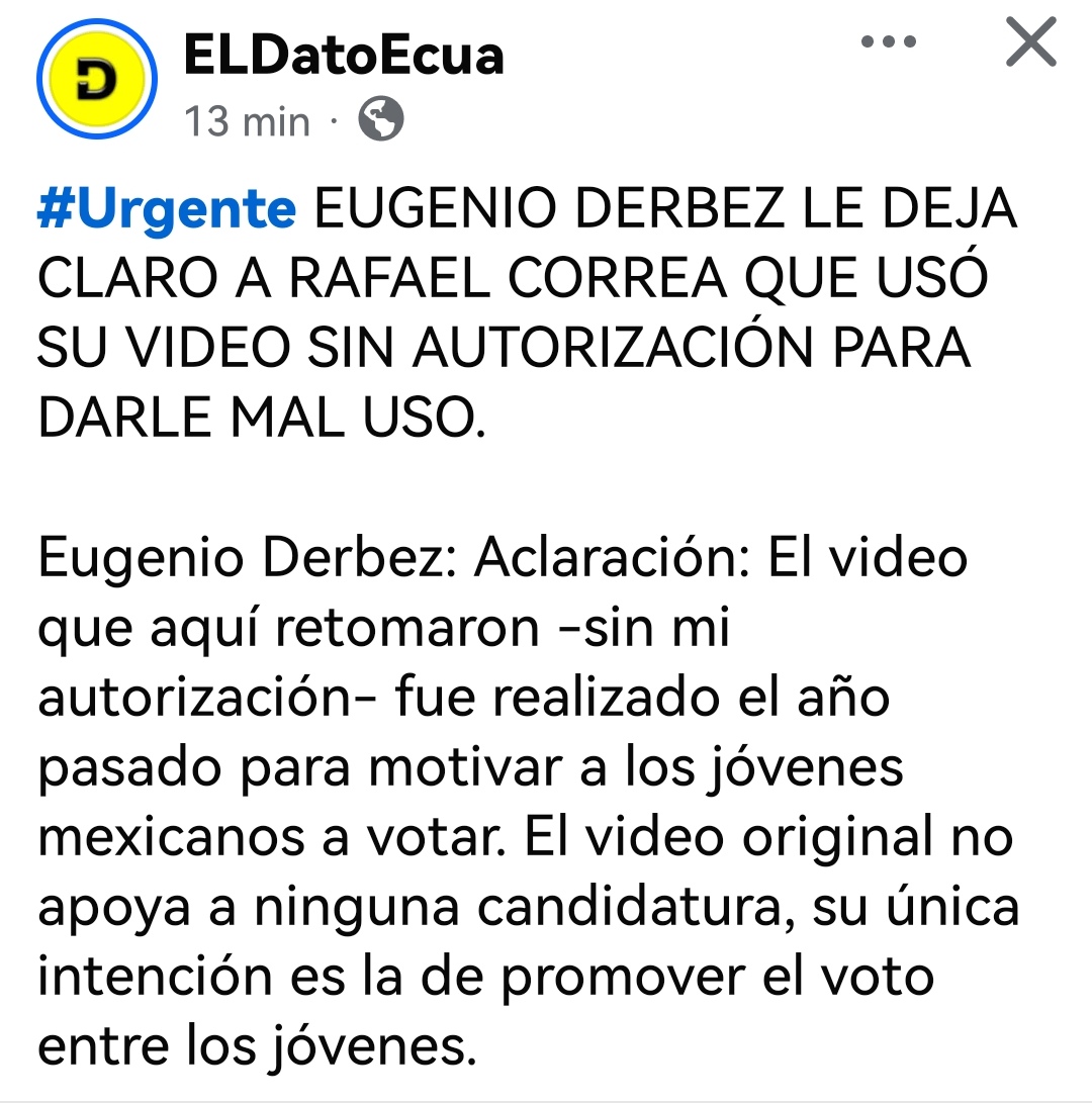 WRadioEc's tweet photo. El actor mexicano #Eugenio #Derbez aclaró este domingo 9 de febrero de 2025, en su cuenta de X, que el video difundido por el expresidente #Rafael #Correa no fue realizado para la jornada de votación en #Ecuador. 

Así lo aclaran los medios de comunicación en el Ecuador que reproducen esa respuesta. 

#Elecciones2025 
#Ecuador 
#CNE